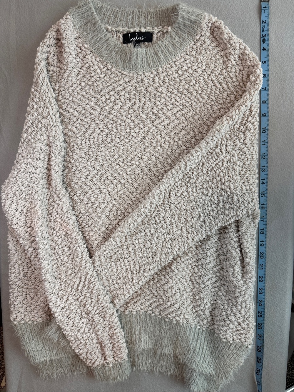 Lulu's Light Cream Bouclé Crewneck Sweater with Fuzzy Trim